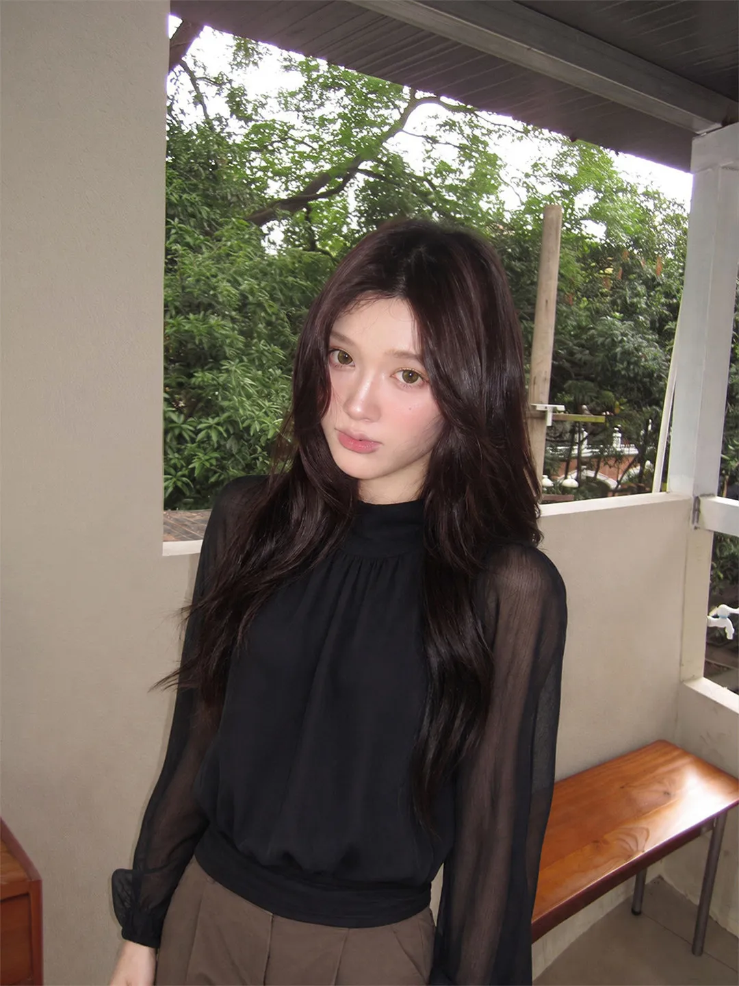 Black High Sensitivity Micro Lantern Sleeve Base Shirt Women's Autumn Wear Pleated Waist Slim Long Sleeve T-shirt Top