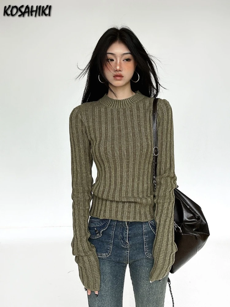 Women Y2k Aesthetic Slim Knitwear Sweet Sweaters 2024 Vintage Solid Streetwear Jumpers Screw Thread Grunge Harajuku Pullovers