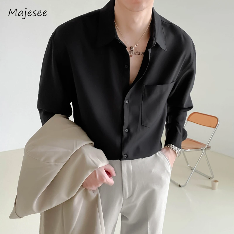 

Shirts Men Korean Style Casual Daily Loose Long Sleeve Turn-down Collar Breathable All-match Fashion Solid Color Oversize Chic