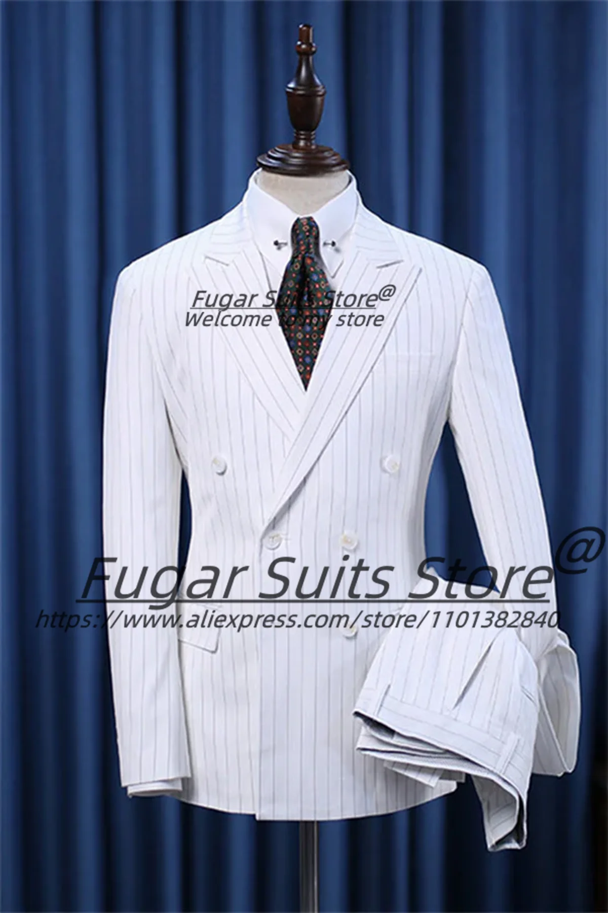 Classic White Stripe Men Suits Slim Fit Double Breasted Groom Formal Tuxedos 2 Pieces Sets Business Male Blazers Costume Homme