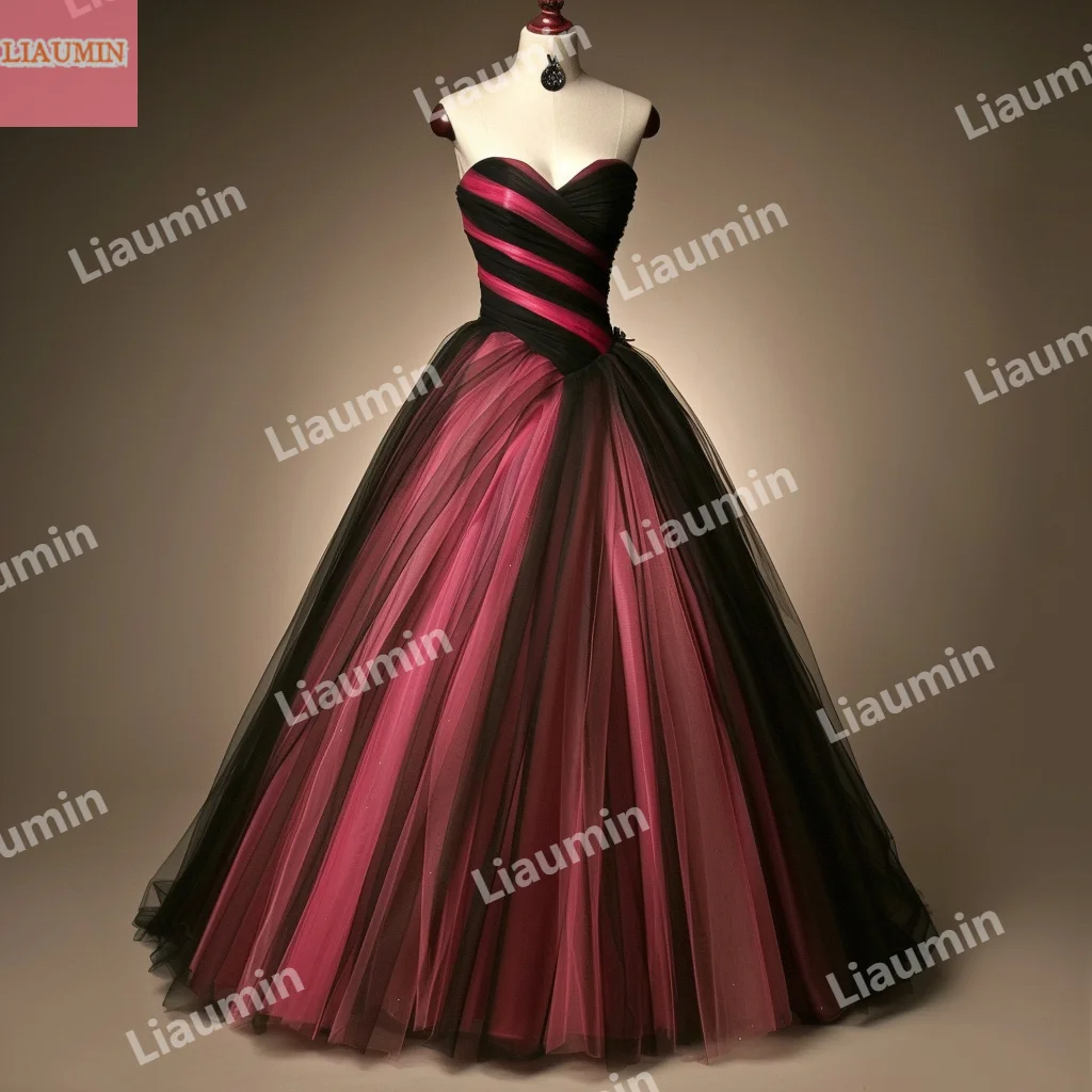 

Custom Rose Red Tulle And Black Pleat Lace Up Back Modern Style Prom Dress Floor Length Strapless Evening Formal Skirt W15-48.13