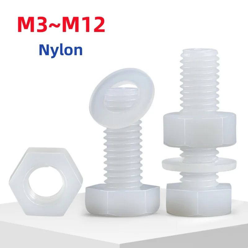 M3 M4 M5 M6 M8 M10 M12 White Nylon Outer Hexagonal Screws Nuts Washers Metric Threaded Plastic Insulated Bolts Combination Set