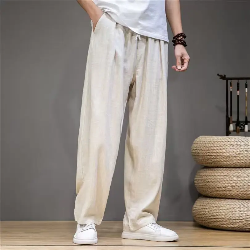 Calças Masculinas de Algodão e Linho com Corte Reto, Leves, Respiráveis, Casuais, de Cor Sólida, Estilo Simples, Calças Longas com Cintura Elástica