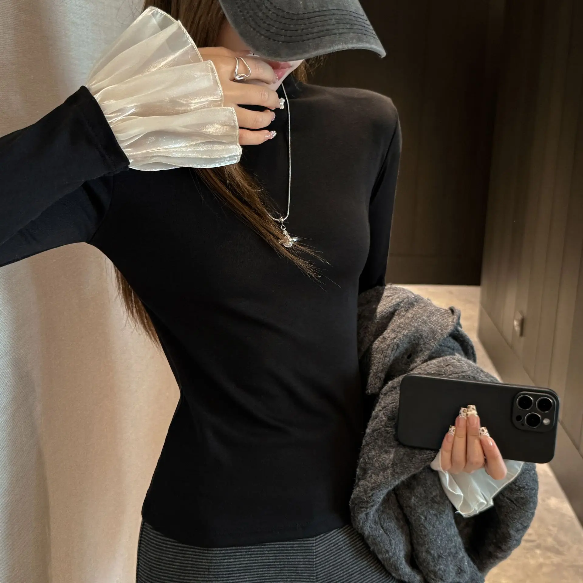 Design Sense Cuffs Lace Bottoming Shirt Women's Autumn and Winter Atmosphere Sense Inner Top Can Be Worn Outside T-shirt