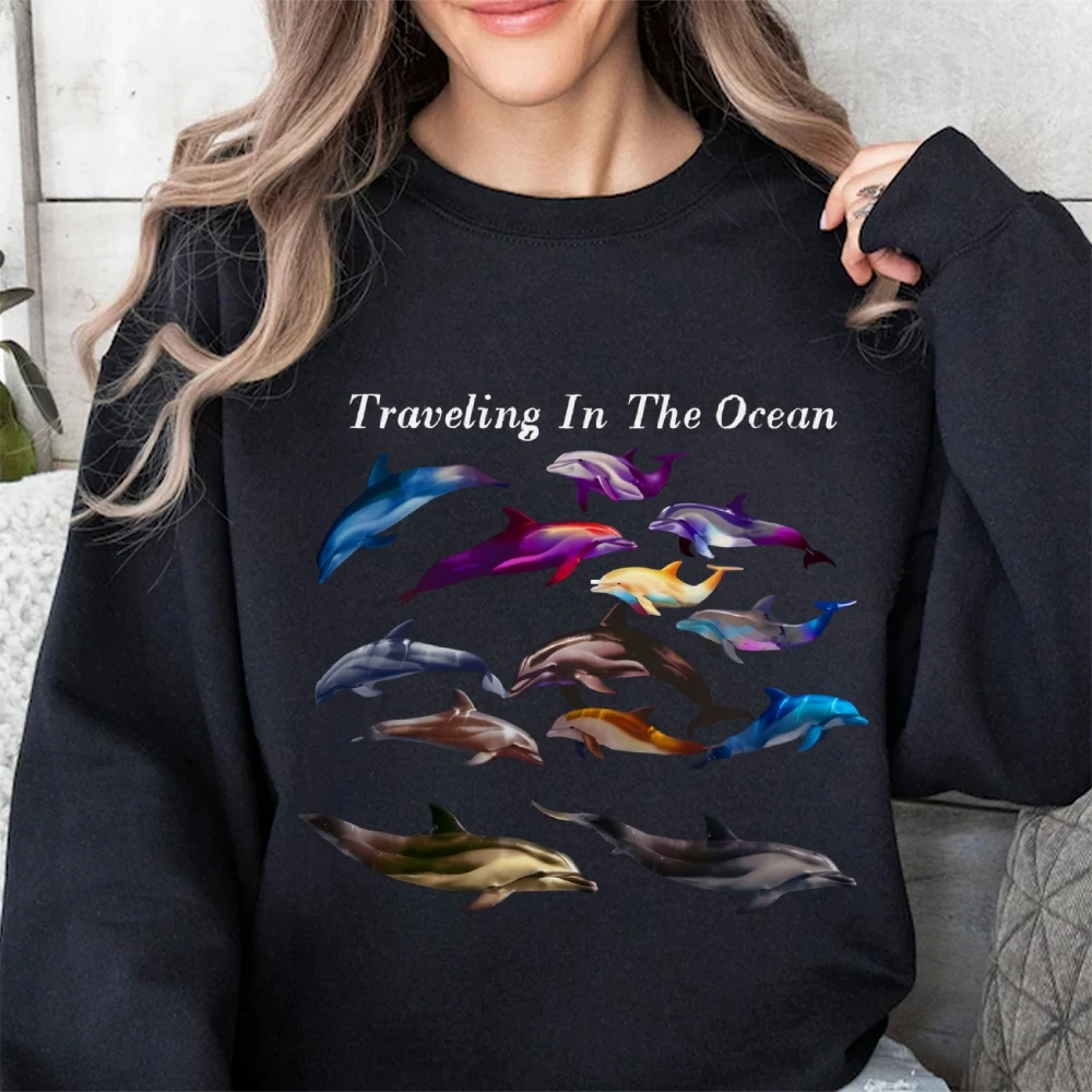 Unisex Fit Dolphin Print Top Traveling In The Ocean Pullover Shirt Marine Animal Pattern Sweatshirt Trend Summer Pure Cotton