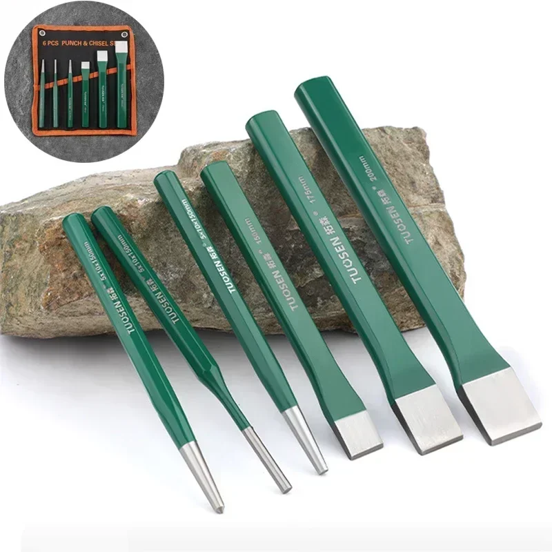 6/12 Manual Tool Set Professional Chrome Vanadium Steel Round Head Center Punching High Hardness Metal Stone Flat Chisel