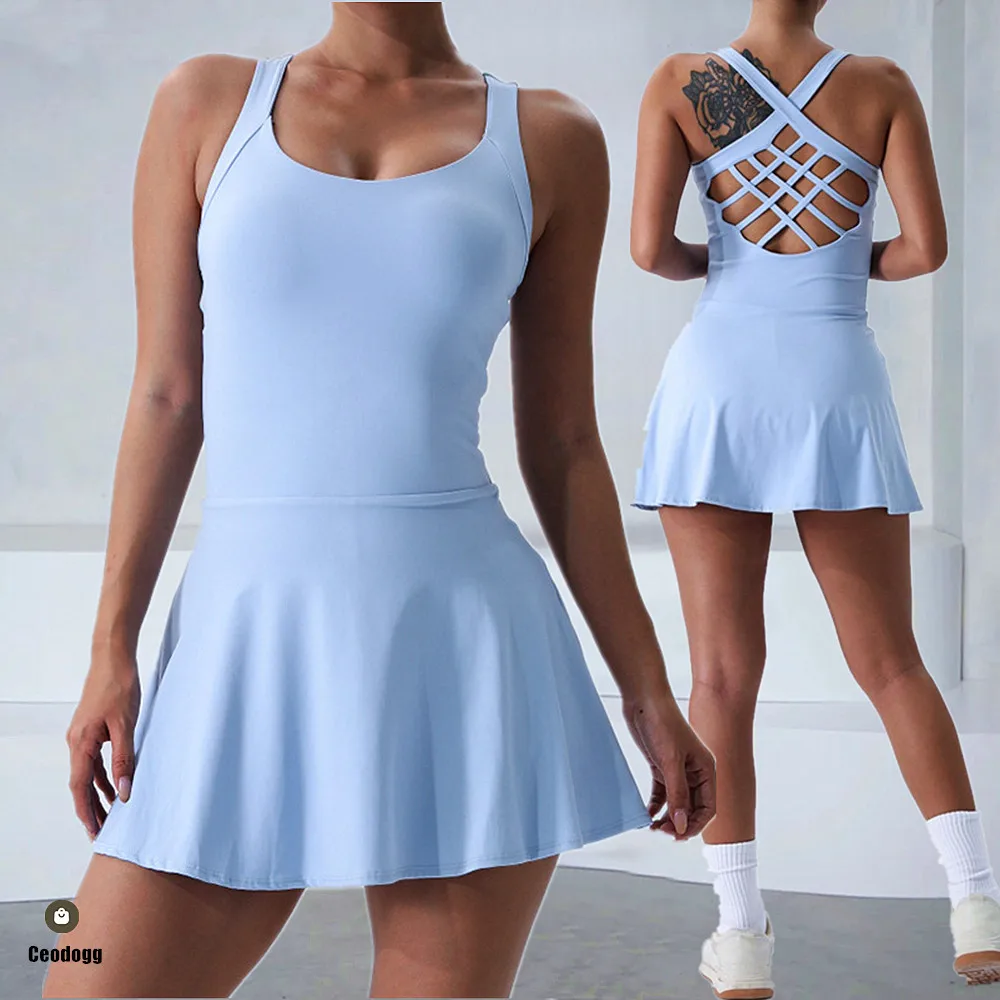 

Pad Gym Women Dress Anti Shorts Yoga Set Sport Suit One Piece Jumpsuit Tracksuit Tennis Running Sportswear Workout Skorts XP79