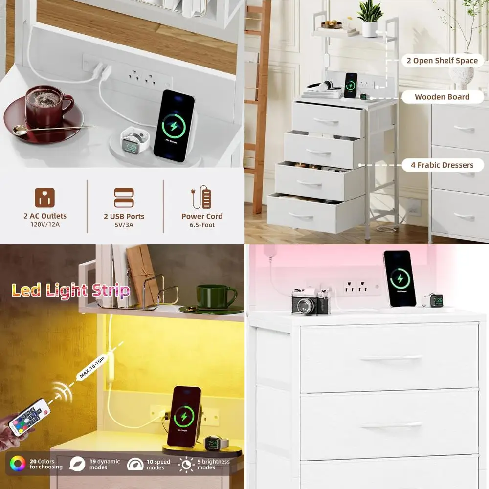 

Белая тумбочка с зарядной станцией и светодиодной подсветкой, прикроватная тумбочка, высокая прикроватная тумбочка с 4 тканевыми ящиками и верхней полкой для Be