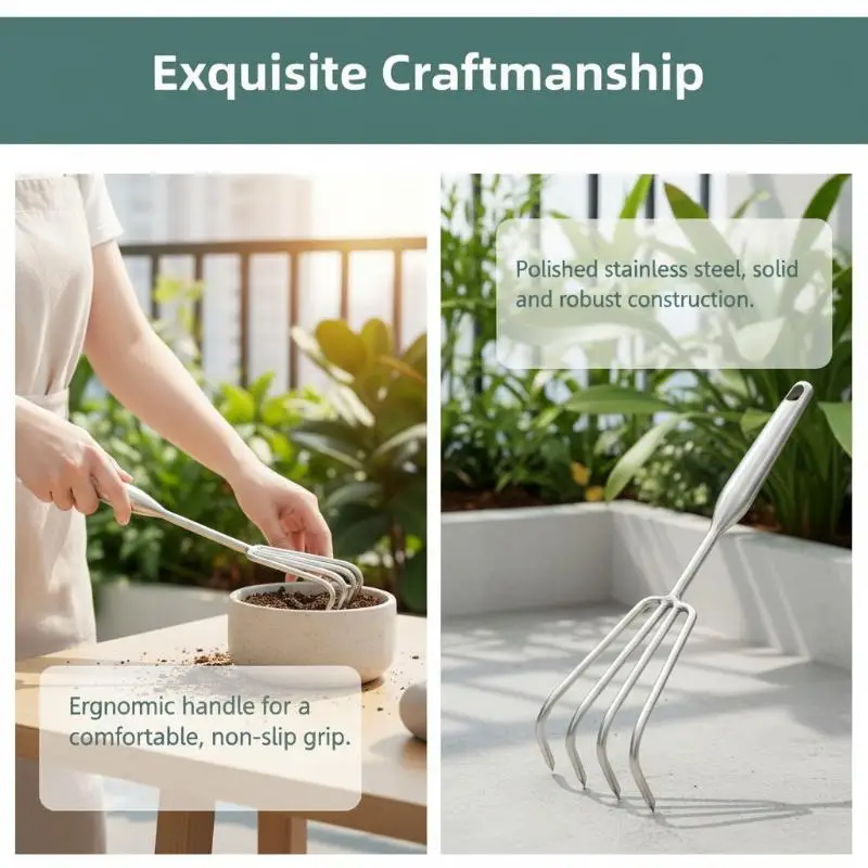 Stainless Steel Small Rake With Integrated Steel Handle Multi-claw Soil Rake For Garden Soil Loosening & Raking Tool