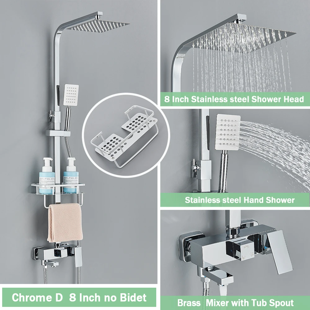 Regenval Badkamer Douchekraan Kit Met Bidet Wandmontage Roestvrij Staal Warm Koud Water Mengkraan Systeem Met Rek, Baduitloop