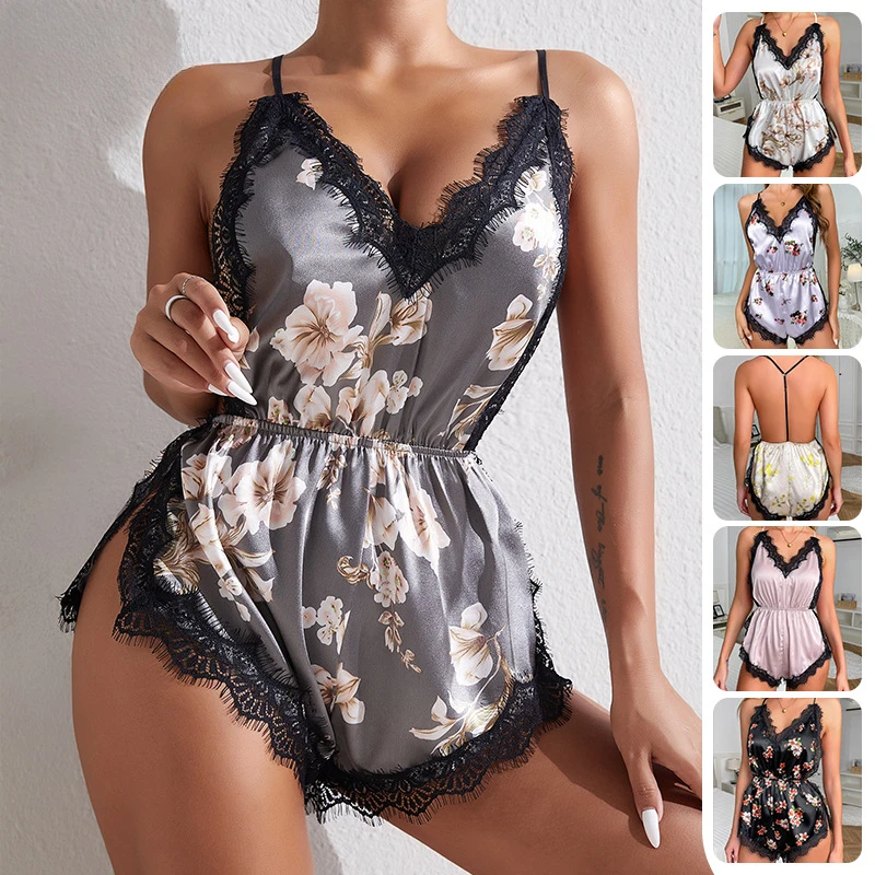 Chemise de nuit à col en V multicolore pour adultes, pyjama une pièce, jarretelles de tentation sexy, vêtements de maison