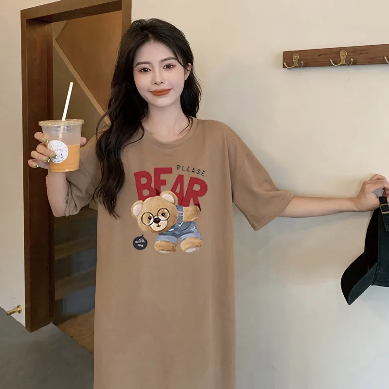 Cartoon Bear Print Short Sleeve Summer and Autumn New Loose Round Neck Pregnant Woman Comfortable Dress