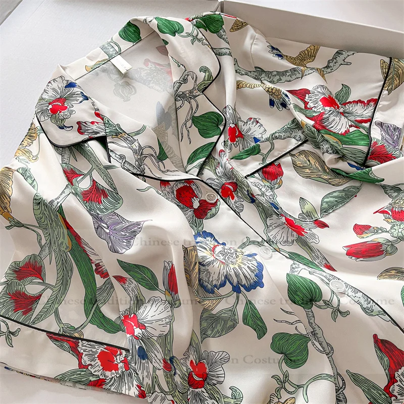 

Short Sleeve Shirt Shorts Suit Women Ice Silk Sleepwear Print Flower Pajama Sets Summer Spring Pijama Mujer Luxury Pyjamas