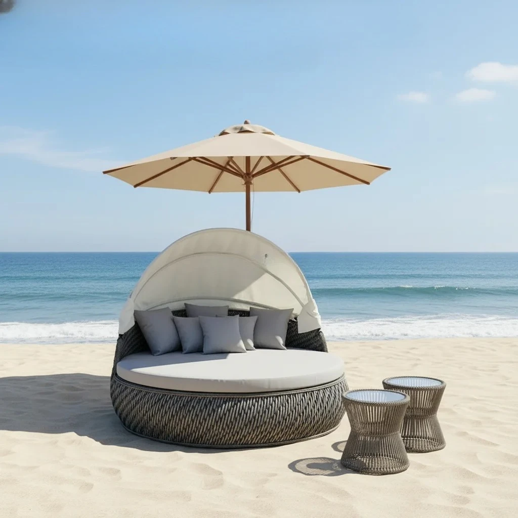 Rattan Daybed,UV Foldable Canopy,Wicker Lounge Bed,Round Aluminum Frame,Outdoor Sun Bed,Hotel Patio Garden Furniture
