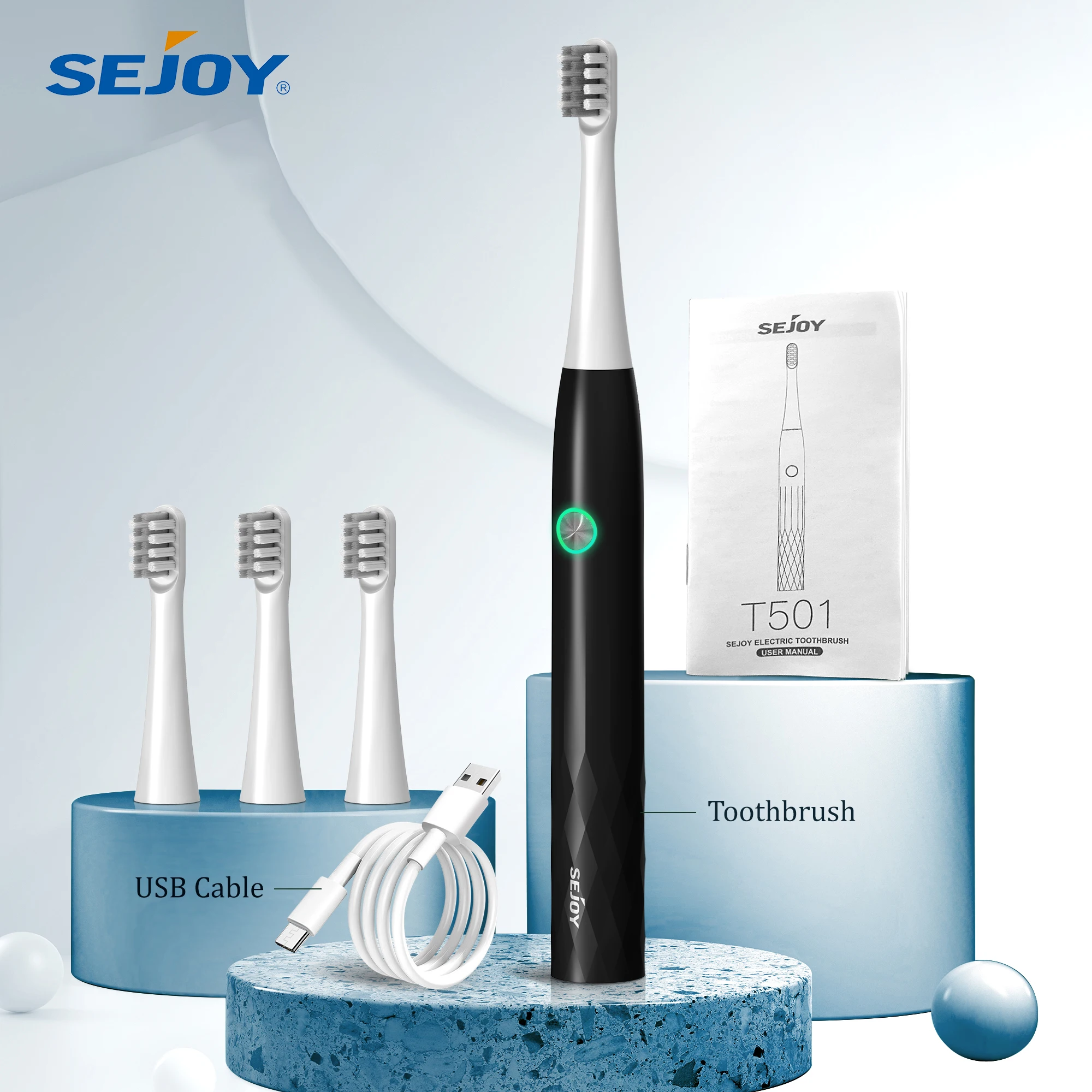 

Электрическая зубная щетка Sejoy Sonic, быстрая зарядка в течение 1 часов с интеллектуальным напоминанием о времени, 3 режима, 4 насадки для чистой гигиены