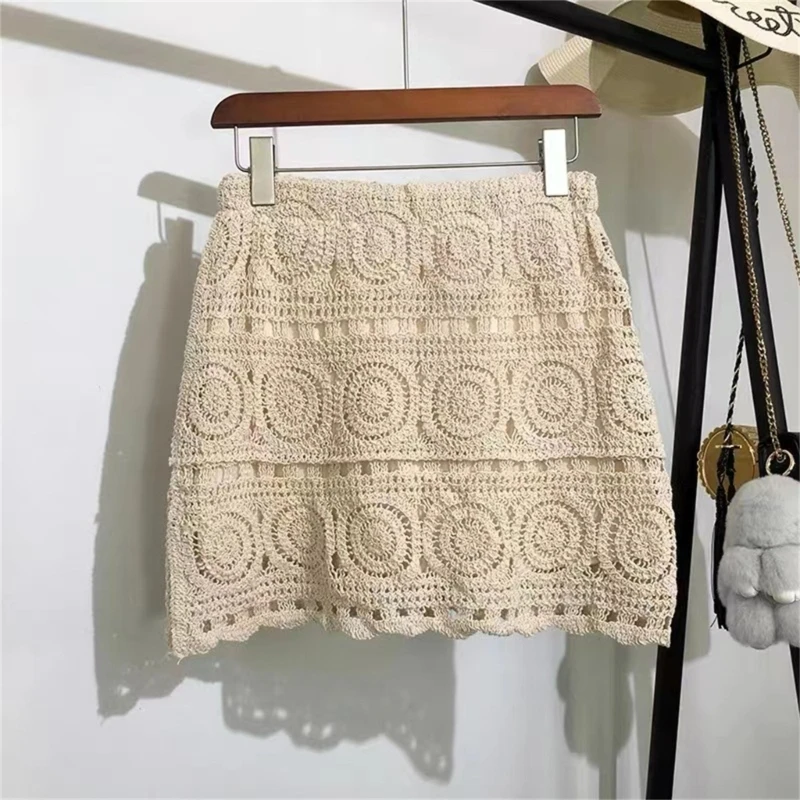 Womens Elastic High Waisted Crochet Beach Mini Skirt Boho Geometric Hollow-Out Knitted A-Line Short Skirts with Lining N7YE
