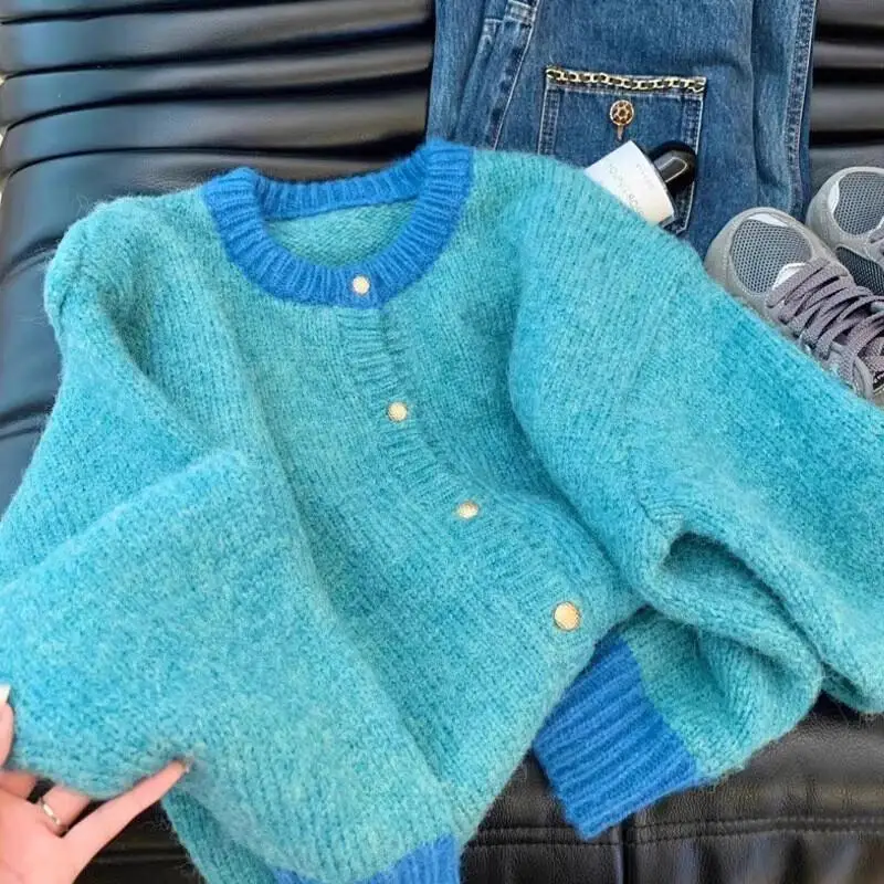 

Women 2025 Spring Autumn Season Thick Lazy Small Knitted Cardigan Tops Hot Style Small Fragrant Yellow Short Sweater Jacket