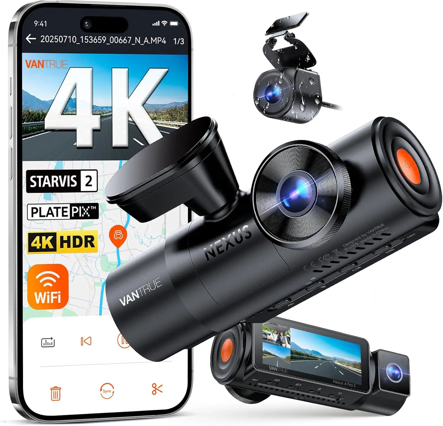 

Front Inside Rear Dash Camera, 4+2.5K Dual Channel, HDR IR Night Vision, Voice Control, Parking Mode, GPS, Wi-Fi, Support 1TB
