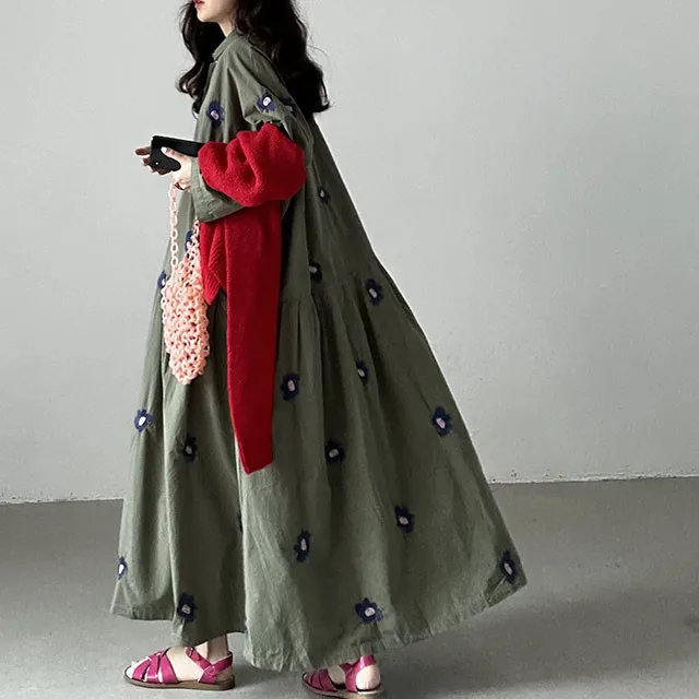 تنورة كلاسيكية يابانية مطرزة بالزهور الثقيلة مع ياقة واقفة وزر واحد فضفاض على شكل حرف A للنساء #4