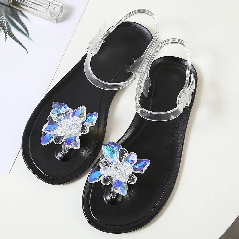 2024summer Korean beach sandals female crystal non-slip student flat shoes fruit clip toe seaside vacation women's Jelly shoes