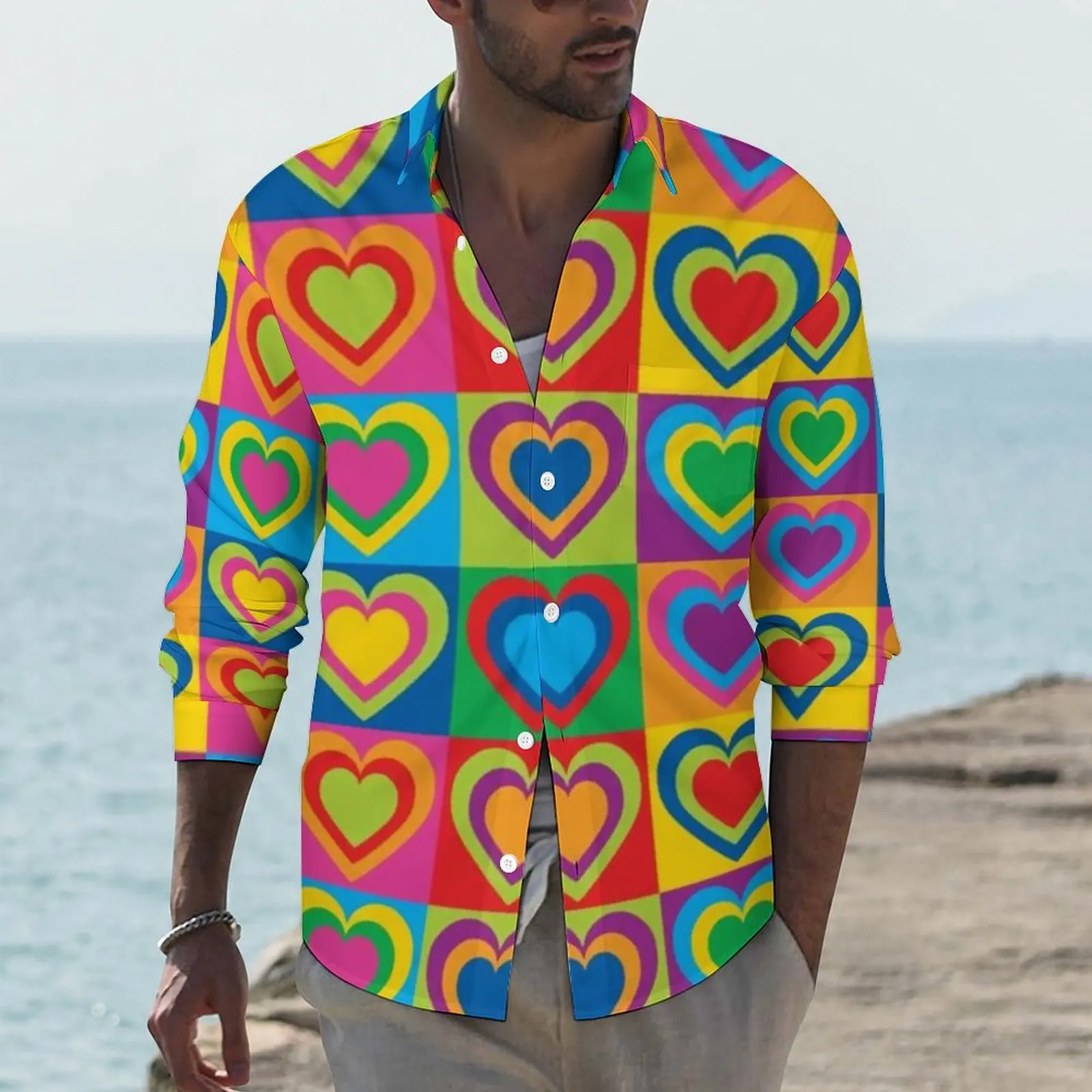 

Colorful Checkerboard Y2K Casual Shirt Male Pop Art Hearts Shirt Autumn Cool Blouses Long Sleeve Graphic Oversize Top