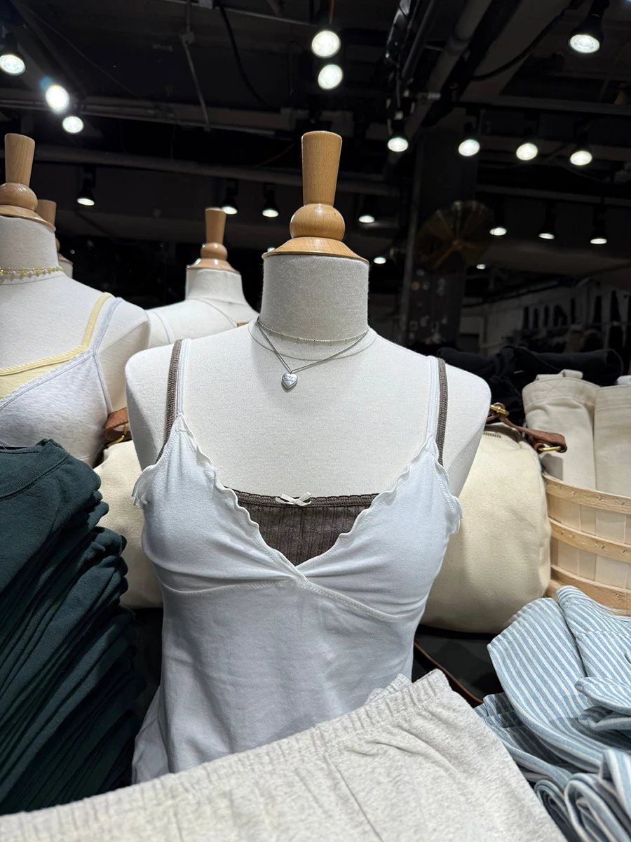 

Белый Хлопок Slim Fungus Trim Tank Top Women Summer Sexy Deep V Neck Camis Female Sweet Cute Thin Simple Basic Crop Tops Y2k New