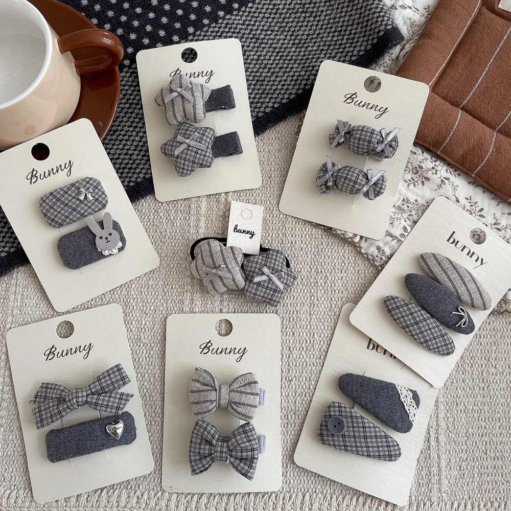 

2PC Cotton Fabric Bow Hair Clips for Babies Cartoon Bunny BB Barrettes Girls Gray Tartan Plaid Print Hairpins Cute Kids Headwear