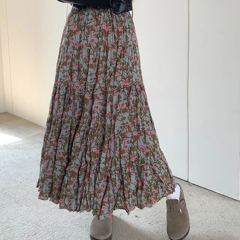 Korean Style Floral Skirts Women High-waisted A-line Slim Thin Fashion Autumn and Winter New Arrival Daily Basic Skirts Female