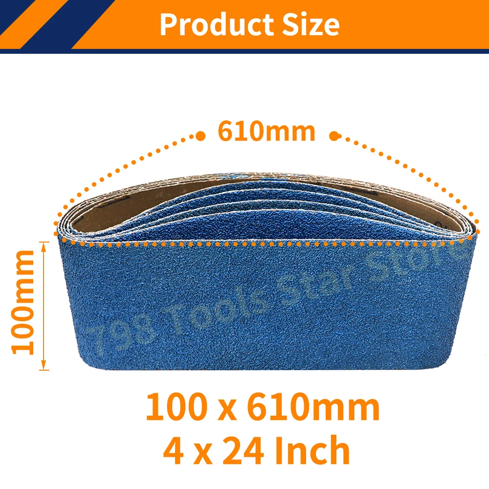 5PCS 610 * 100mm Zirconium Corundum Sanding Belts P40-P120 Grits Blue Abrasive Sanding Belts for Metal Grinding,Knife Sharpening