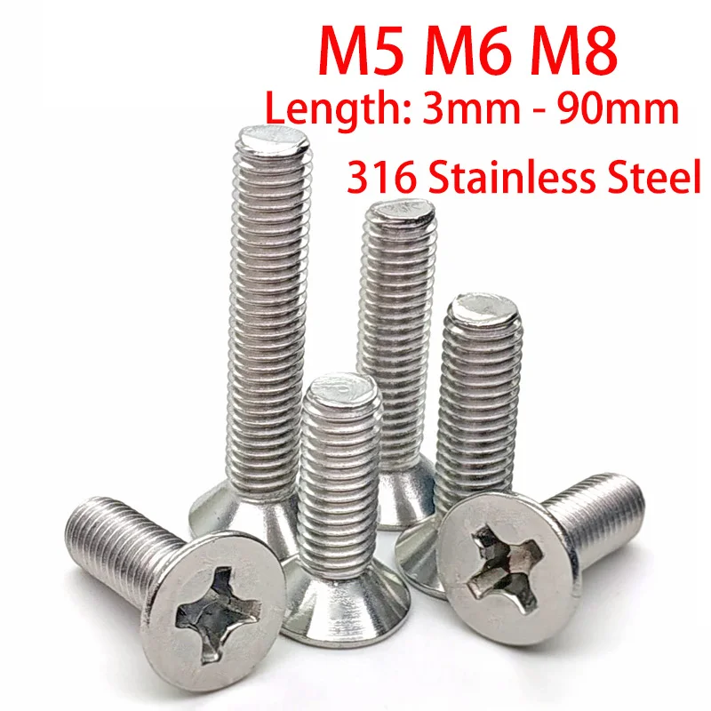 M5 M6 M8 Marine Grade A4 Stainless Steel Countersunk Head Cross Phillips Screw Metric Thread 8mm-100mm Machine Screws Bolts