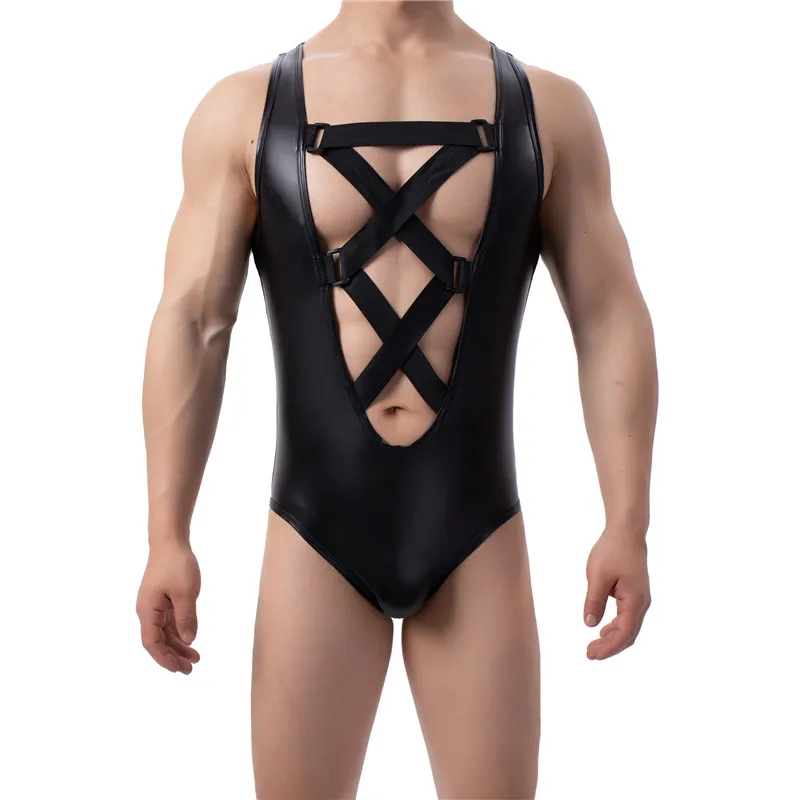 Mens PU Leather Bodysuits Sleeveless Leotard Front Hollow Out Rompers Faux Leather Jumpsuit Wrestling Singlet Nightclub Bodysuit