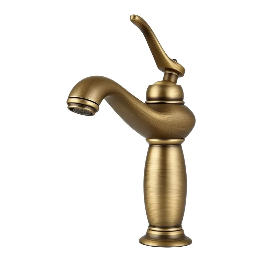 Antique Brass Finished Basin Faucet Single Hole Mount Compact Design for Vessel Sink Hot Cold Water Connection