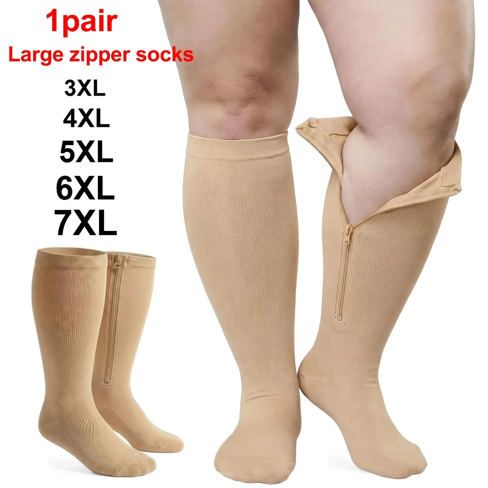 

1 Pair of Plus Size Zipper Compression Socks 15-20Mmhg Men'S And Women'S High Top Support Socks for Long-Term Standing