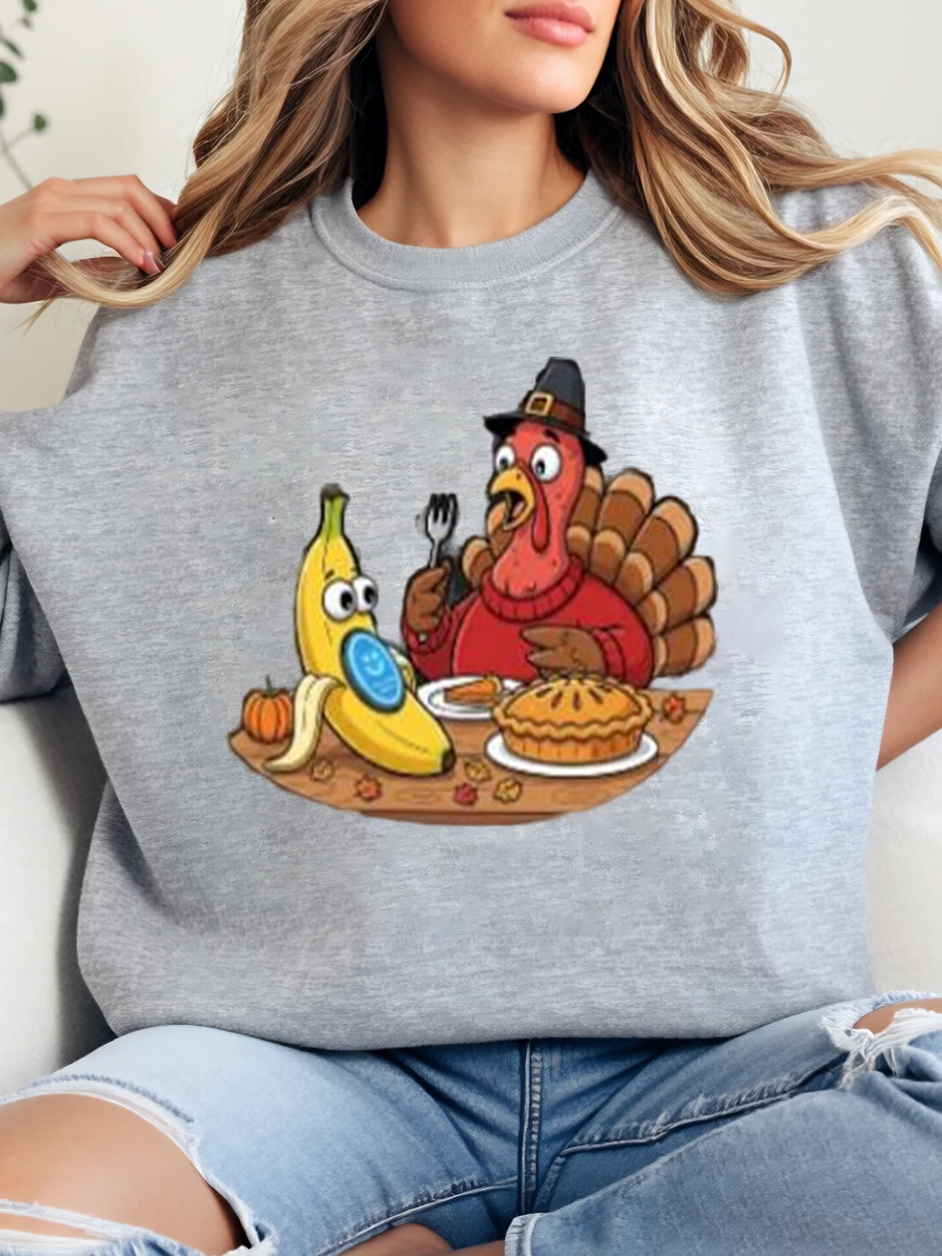 تركيا والموز الشكر طباعة البلوز المرأة عارضة الخريف عطلة ارتداء رمادي زائد الحجم #1