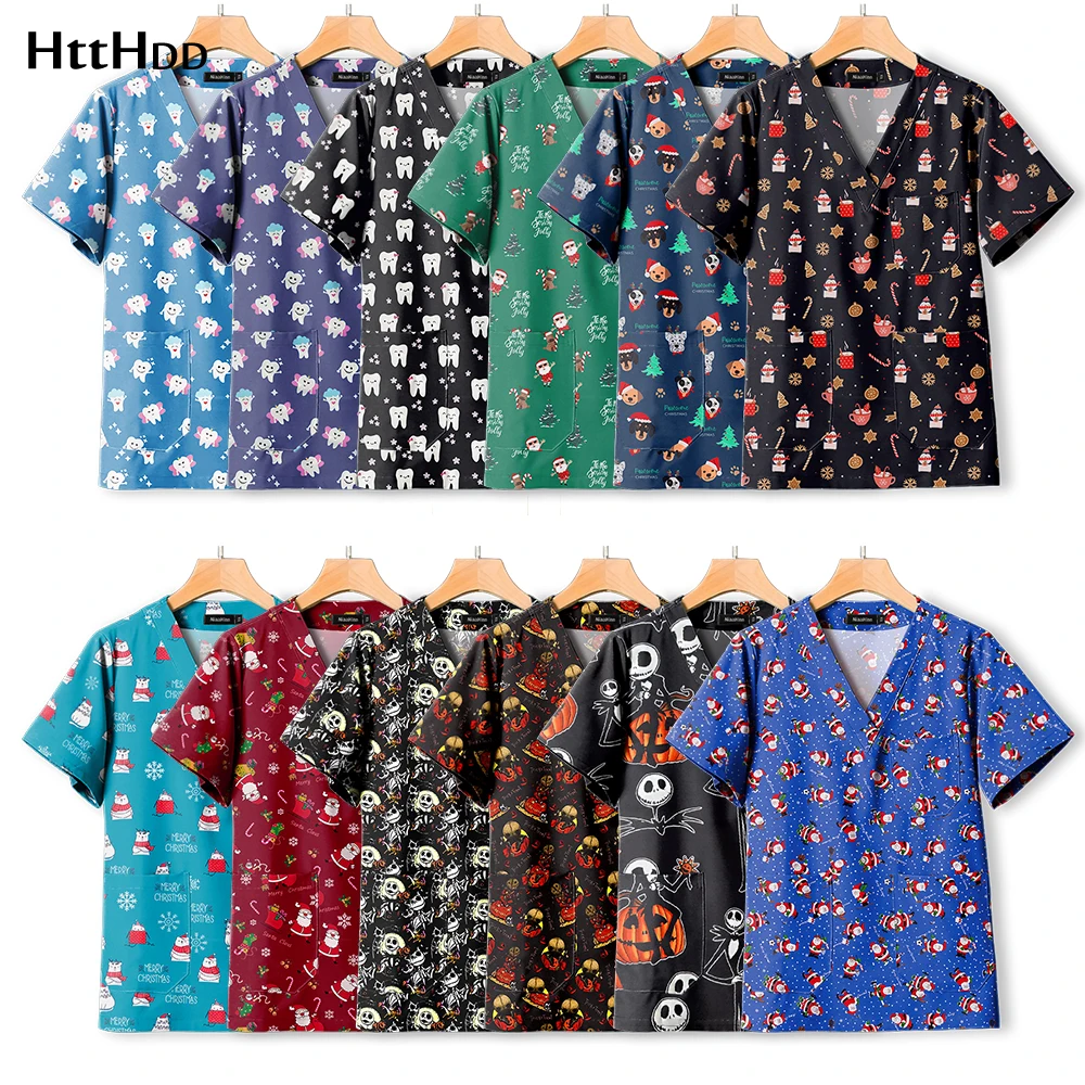 Printed Elastic Medical Scrub Nursing Accessories Halloween Christmas Costumes Women Men Healthcare Pharmacy Beauty Spa Uniforms