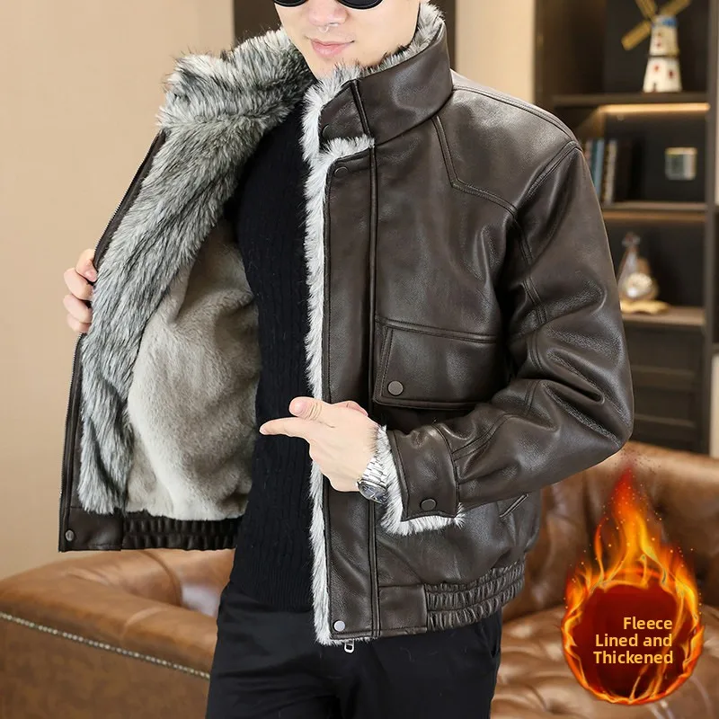 

High Quali Fce Lined Thiened Leather Jaet Stand Collar Casual Men's Warm Winter New Sle Versatile Long Sve Coat
