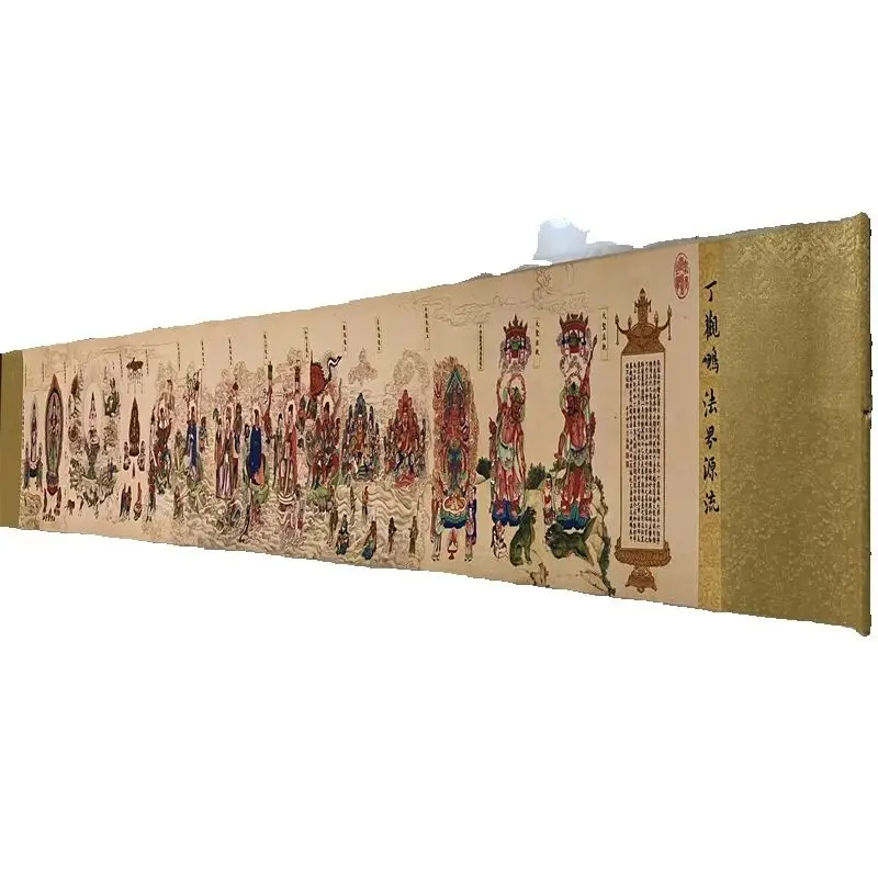 

China Old long Scroll Painting ,Ding Guanpeng's watercolor painting depicts the origins of the Buddhist world collectibles