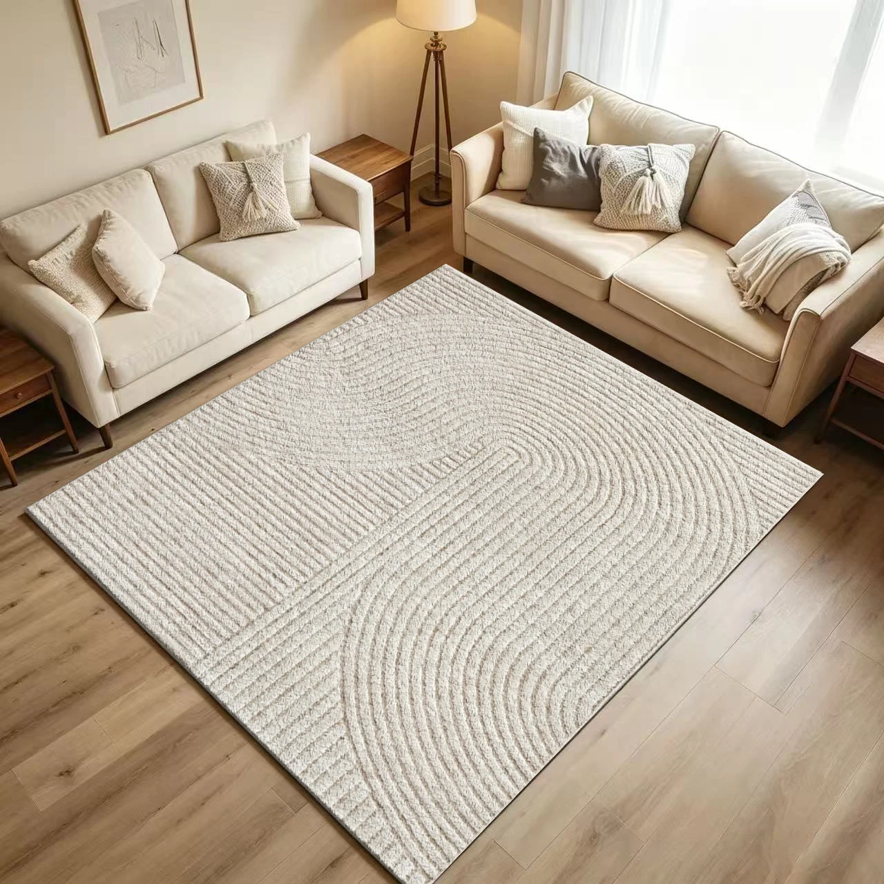 Beige 3D Embossed Wavy Stripe Carpet Flooring Textured Mid‑Century Modern Large Area Rug for Bedroom Household Decor