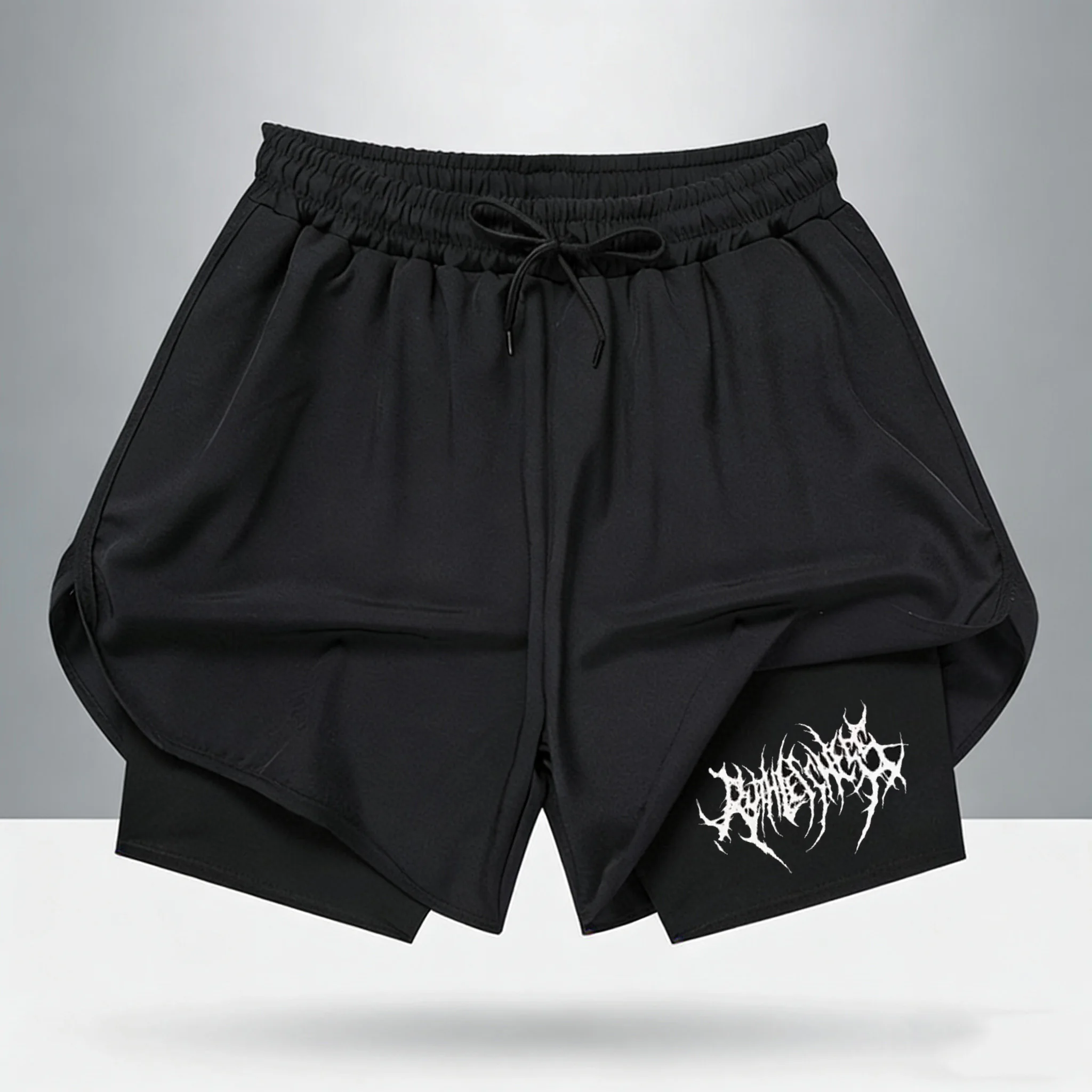 

Metalcore Death Metal Font 2 in 1 Shorts Men 2026 Summer Quick Dry Athletic Workout Running Shorts with Liner Streetwear