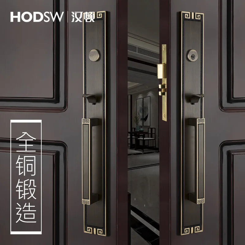 Home solid wood double opening real and fake brass new Chinese retro folio big lock