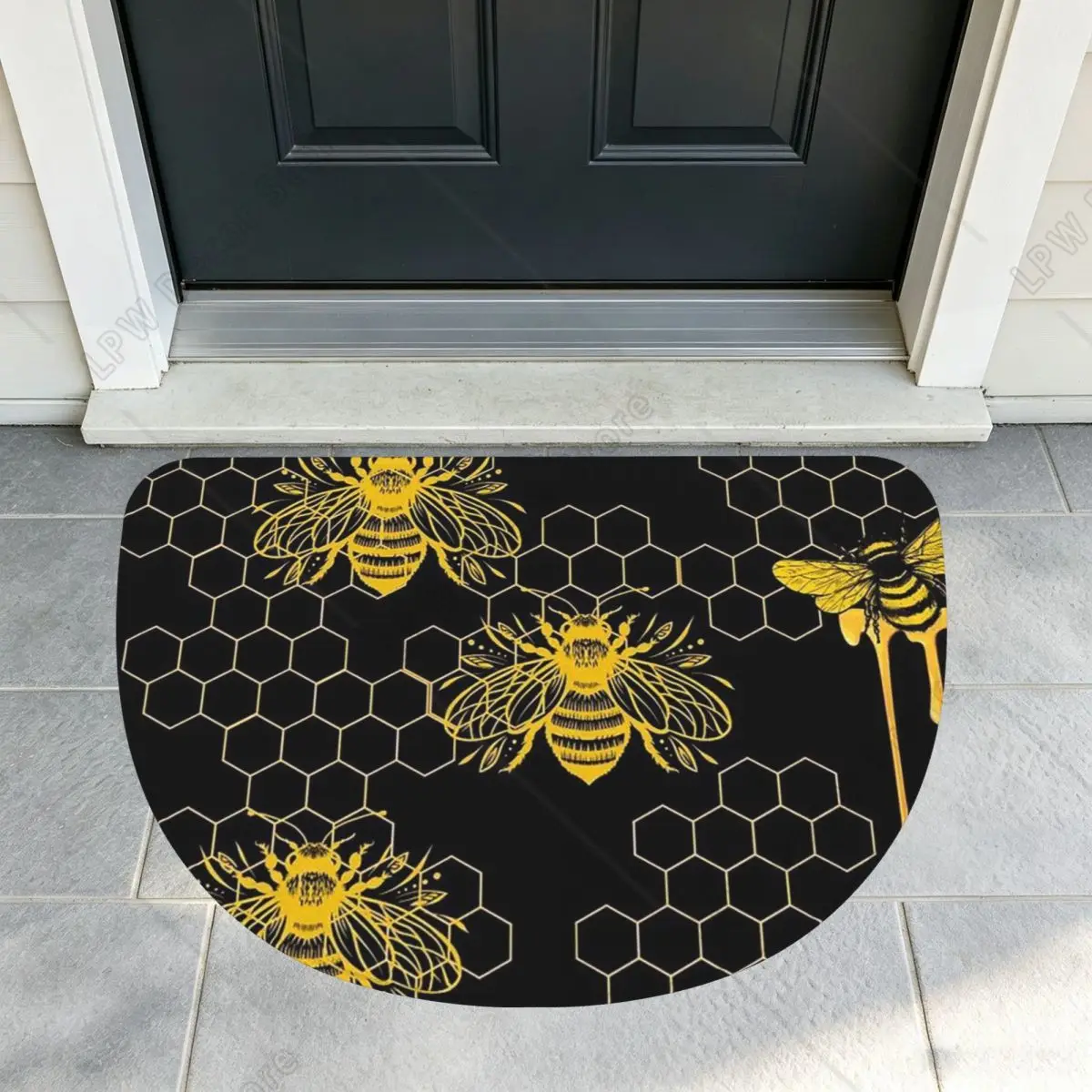 Honey Bee Pattern Soft Flannel Half Round Doormat Non Slip Bathroom Mat Absorbent Floor Carpet for Garage
