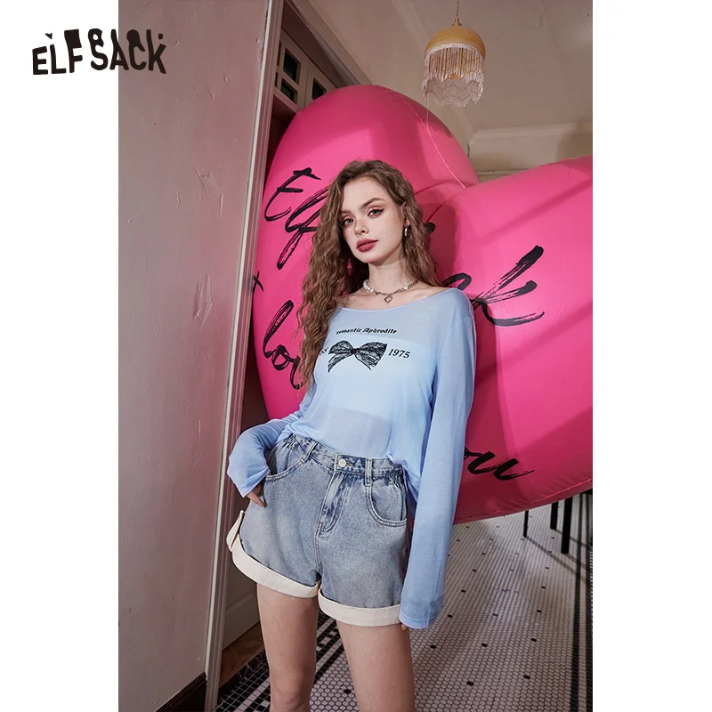 

ELFSACK 2024 Summer New Imitation Tencel Cool Bow Pattern Lazy Open Back T-shirt for women