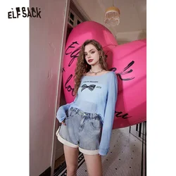 ELFSACK 2024 Summer New Imitation Tencel Cool Bow Pattern Lazy Open Back T-shirt for women