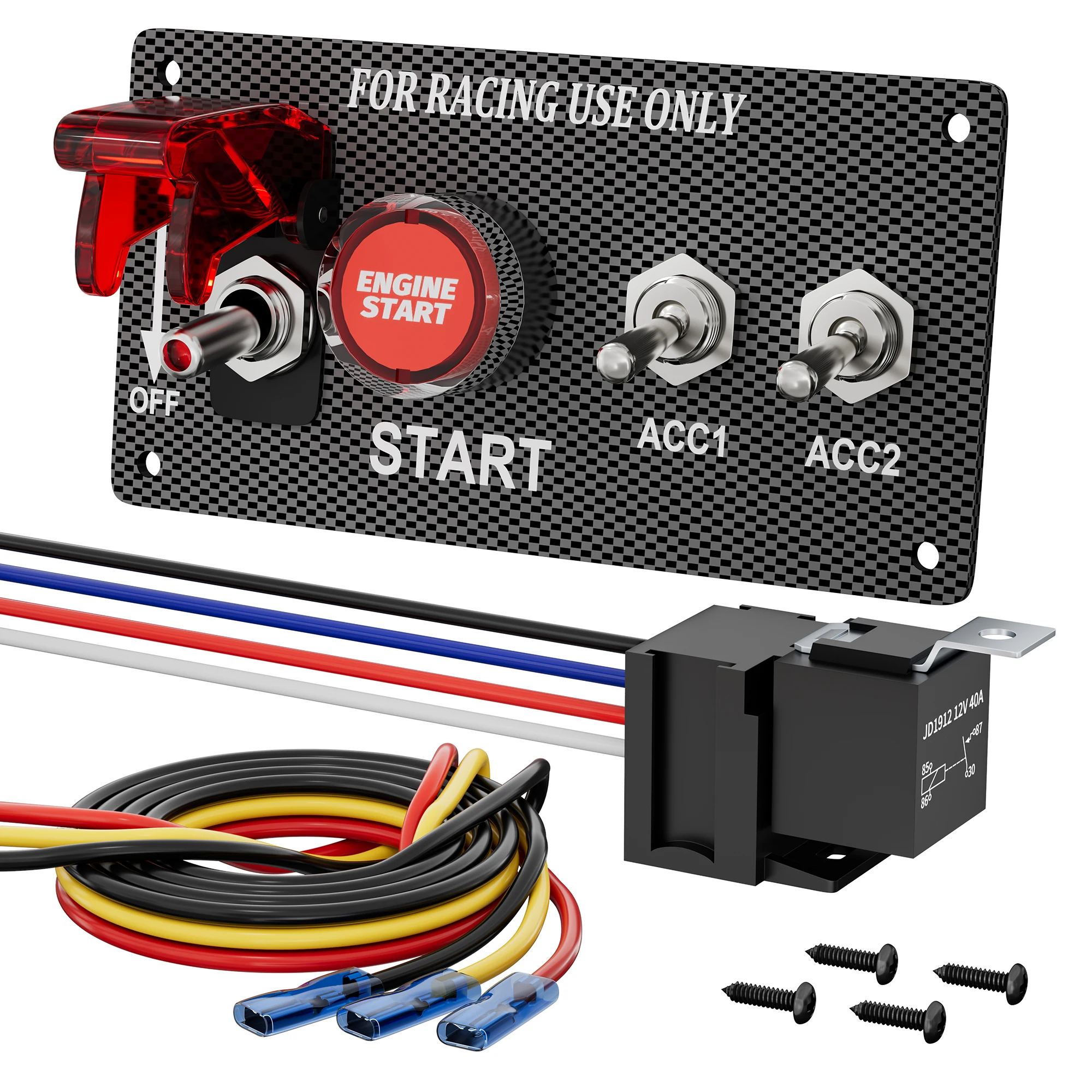 4 in 1 Ignition Rocker Switch Panel 12V with Engine Push Button Toggle Switch with Relay Wiring Harness LED for RV Truck Racing