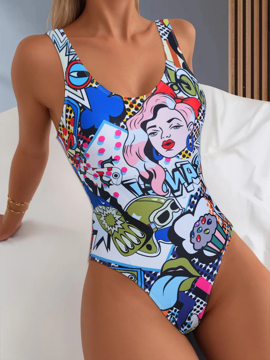 Sexy Bikini 2026 Trendy Pop Art Graphic One Piece Swimsuit Women Retro Comic Print High Cut Swimwear Beach Bathing Suit Summer