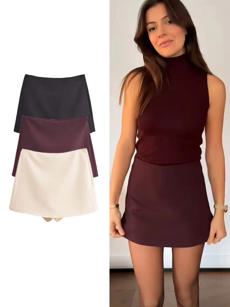 TFMLN New Spring Women Solid Skort Fashion Causal Side Zipper Mini Shorts Skirts Vintage High Waist Streetwear Shorts Skirts