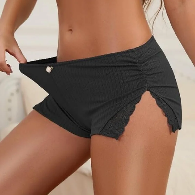 Y2K Cute Floral Pajama Micro Shorts Lace Split Lounge Shorts Casual Low Waist Elastic Waist Slim Fit Sleep Bottom