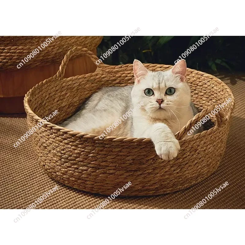 Pure Manual Cat Bed House Rattan Woven Four Seasons Nest Cat Scratch Board General Dandelion Woven Cool Pet Home Cat Accessories