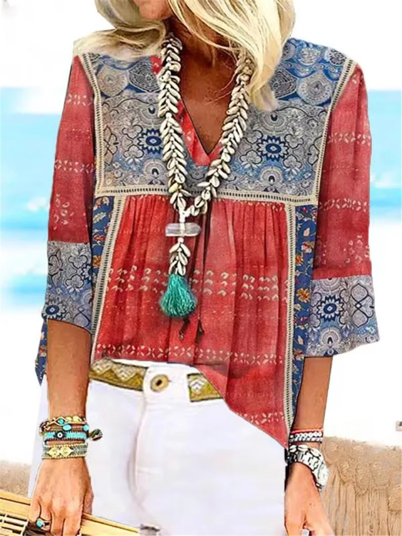 Casual V-neck Seven Quarter Sleeve Loose Fitting Pullover Printed Women's T-shirt Top Summer Fashion Printed Top For Women