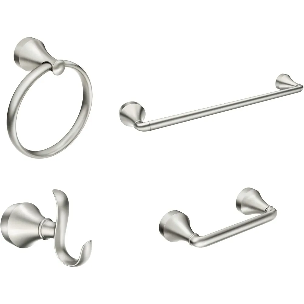 

Wellton 4-Piece Bathroom Accessory Collection, Includes Towel Ring, Robe Hook, Towel Bar, and Pivoting Toilet Paper Holder